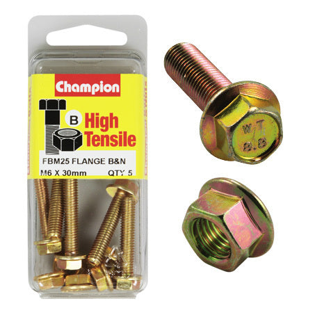 Champion Blister Flange Bolts and Nuts M6 x 30mm-FBM25 Screws and Nuts Champion