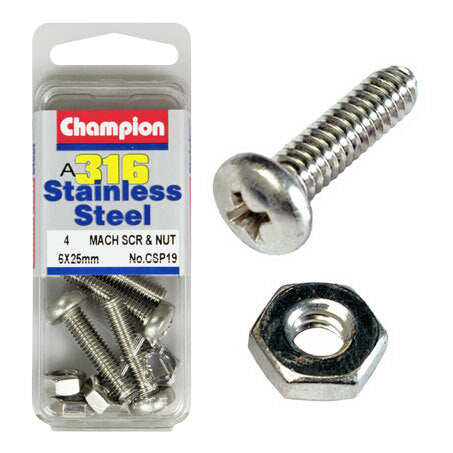 Champion Machine Screws and Nuts Pan Head S/S 6mm x 25mm CSP19 Screws and Nuts Champion