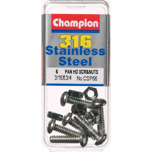 Champion Pan Head Screws and Nuts 3/16 “ x 3/4 “ CSP66 Screws and Nuts Champion