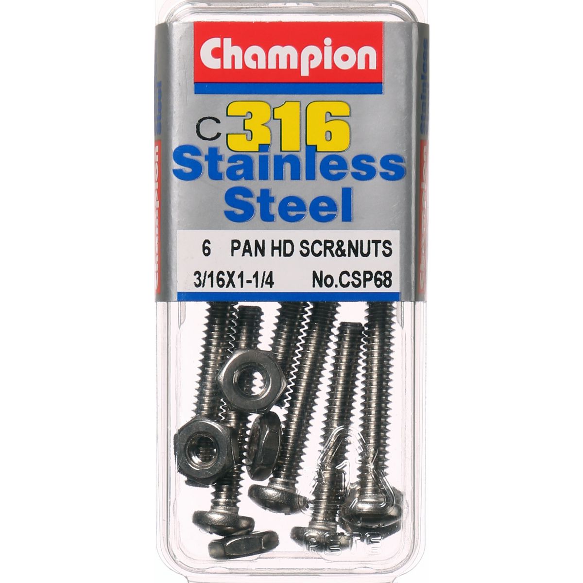 Champion Pan Head Screws and Nuts 3/16 “ x 1-1/4 “ CSP68 Screws and Nuts Champion