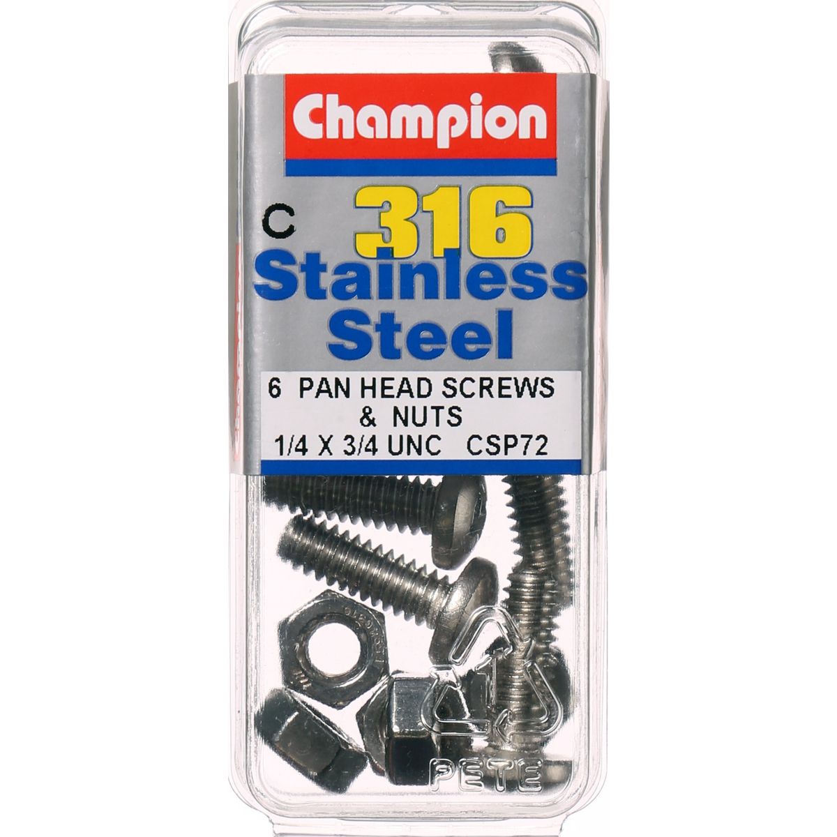 Champion Pan Head Screws and Nuts 1/4 “ x 3/4 “ CSP72 Screws and Nuts Champion