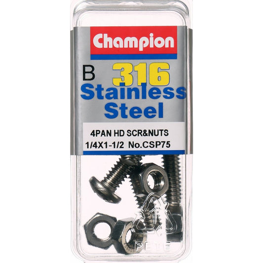 Champion Pan Head Screws and Nuts 1/4 “ x 1-1/2 “ CSP75 Screws and Nuts Champion