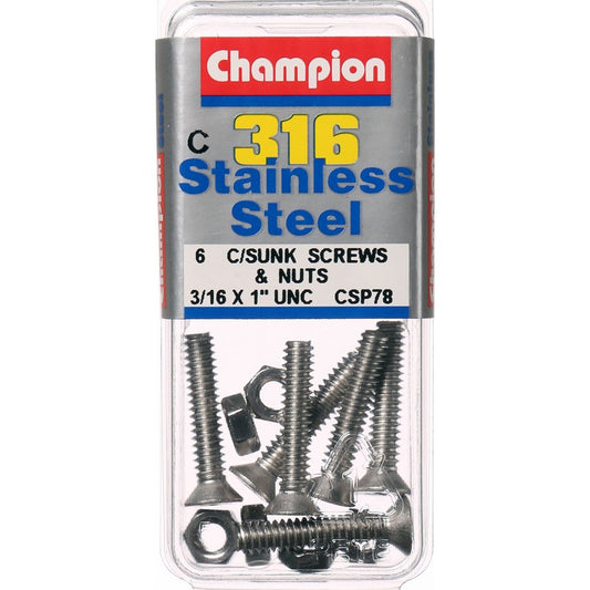 Champion Machine Screws and Nuts CounterSunk 3/16“ x 1 “ 316/A4 CSP78 Screws and Nuts Champion