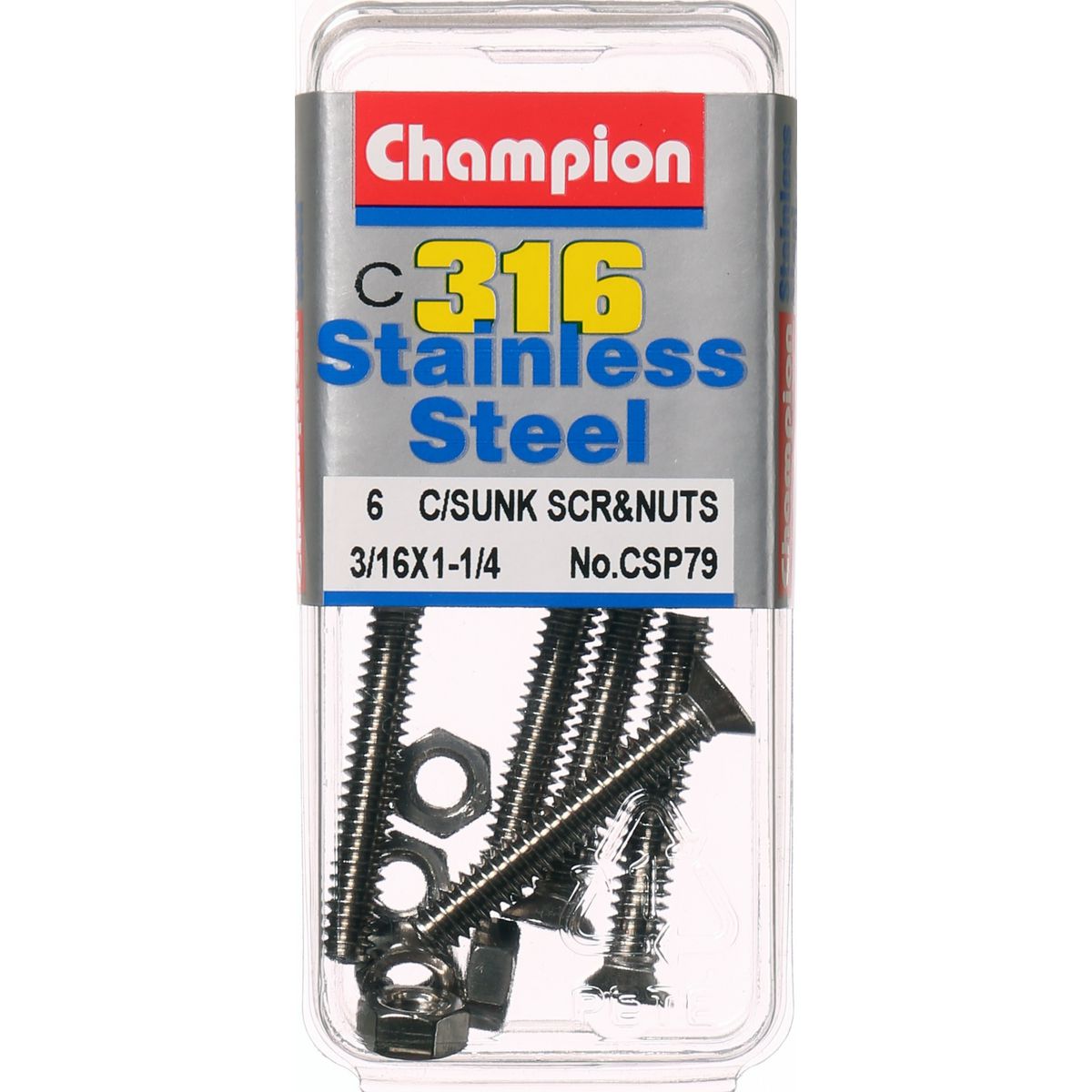 Champion Machine Screws and Nuts CounterSunk 3/16“ x 1-1/4 “ 316-A4 CSP79 Screws and Nuts Champion