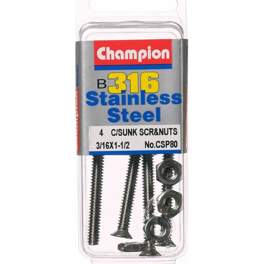 Champion Machine CounterSunk Screws and Nuts 3/16“ x 1-1/2 “ 316/A4 CSP80 Screws and Nuts Champion