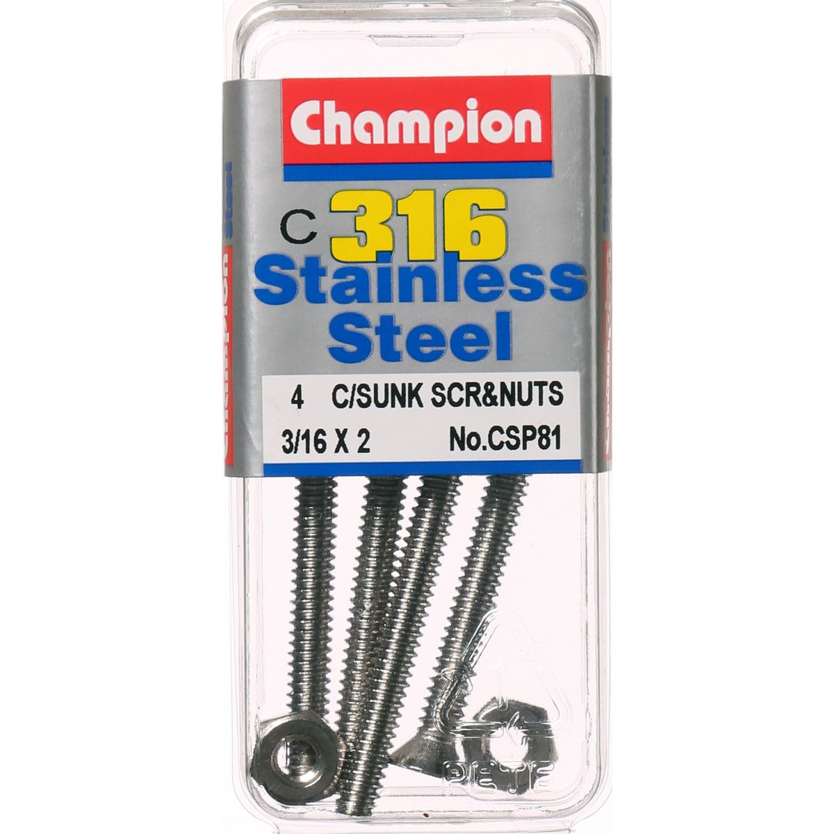 Champion Machine Screws and Nuts CounterSunk 3/16“ x 2 “ 316/A4 CSP81 Screws and Nuts Champion