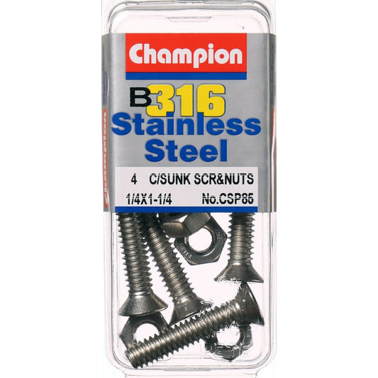 Champion Machine Screws and Nuts CounterSunk 1/4“ x 1-1/4 “ 316/A4 CSP85 Screws and Nuts Champion