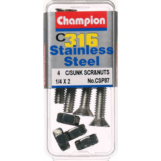 Champion Machine Screws and Nuts CounterSunk 1/4“ x 2 “ 316 /A4 CSP87 Screws and Nuts Champion