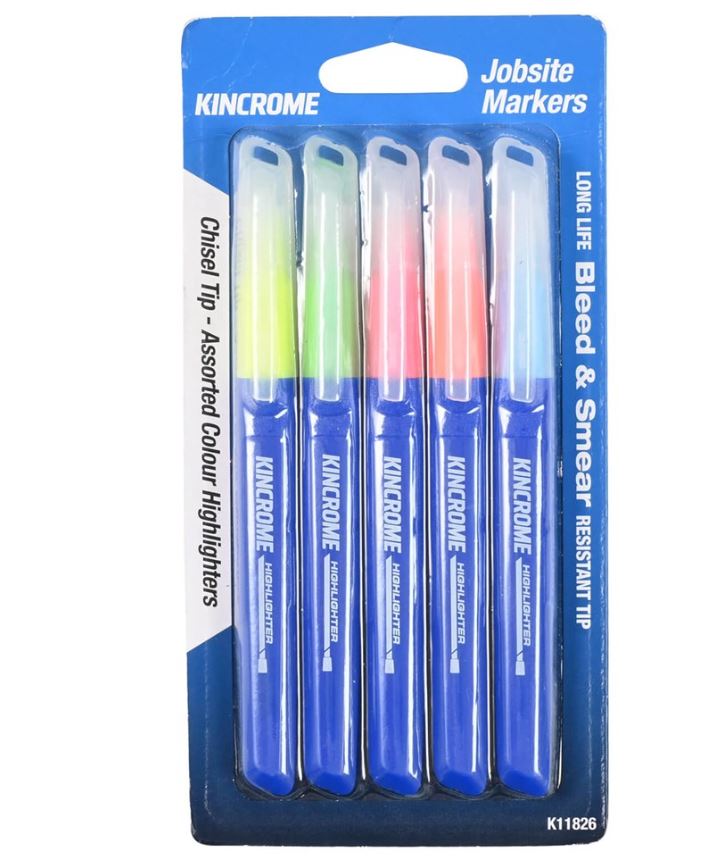 Kincrome Highlighter Chisel Tip 5 Pack Assorted Colours K11826 Marker Kincrome