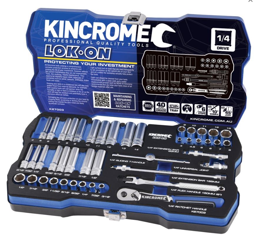 Kincrome Lok-On™ Socket Set 45 Piece 1/4" Drive - Metric & Imperial K27003 socket Kincrome