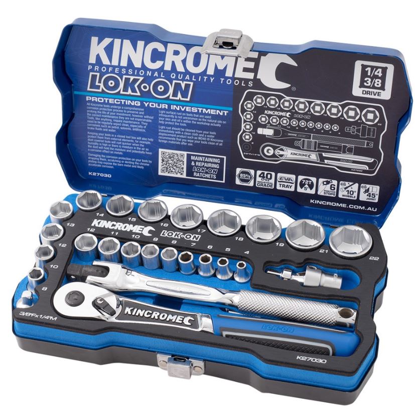 Kincrome Lok-On™ Socket Set 26 Piece 1/4” & 3/8” Drive – Metric K27030 socket Kincrome