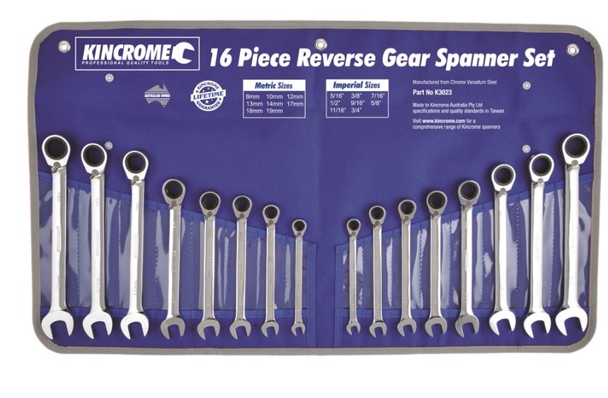 Kincrome Reversible Gear Spanner Set 16 Piece Metric/Imperial K3023 Spanner Kincrome