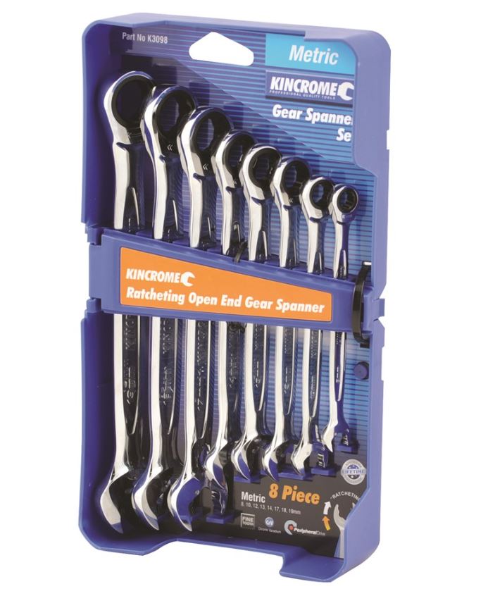 Kincrome Ratcheting Open End Gear Spanner Set 8 Piece Metric K3098 Spanner Kincrome