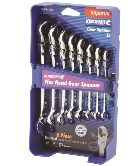 Kincrome Flex Head Gear Spanner Set 8 Piece Imperial K3701 Spanner Kincrome