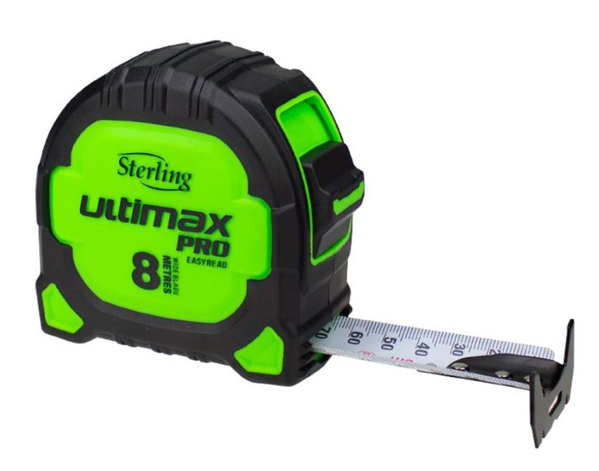 Sterling Ultimax Pro Tape Measure Easyread: 8m Metric Steel Hook Non Magnetic TMNXE8027 Tape Measure Sterling