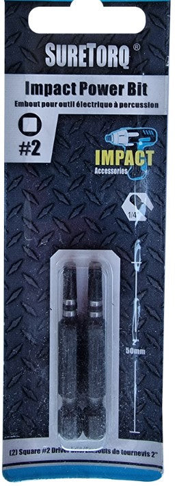 Suretorq Square Impact Power Bit Magnetic SQ2 50mm 1/4" Hex 2 Pack 01320202M